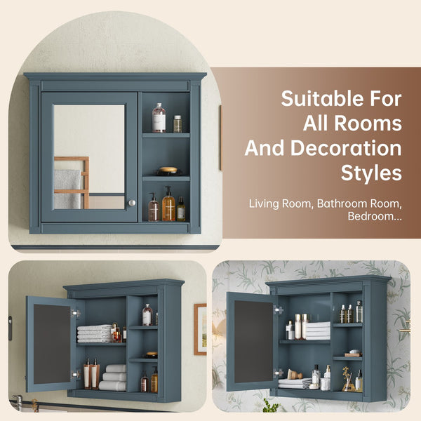 English Elm 30'' Modern Medicine Cabinet with Mirror and Adjustable Shelves, MDF Wall-Mounted Bathroom Storage Solution Blue N710P192495M
