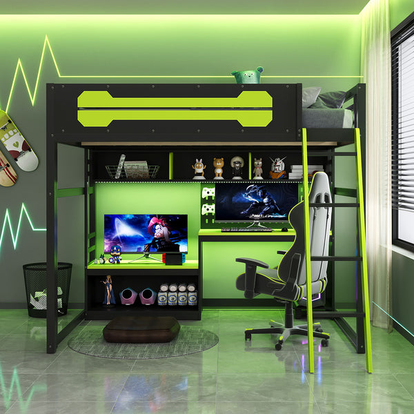 English Elm Full Size Gaming Loft Bed with Built-in Desk Led Lighting Usb Ports and Pegboard Black+Green LT000270AAG