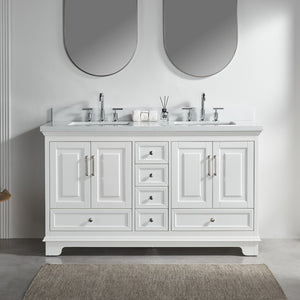 English Elm Fully 60'' Freestanding Double Bathroom Vanity with Solid Wood Base and Carrara Engineered Marble Top White W1826P382807