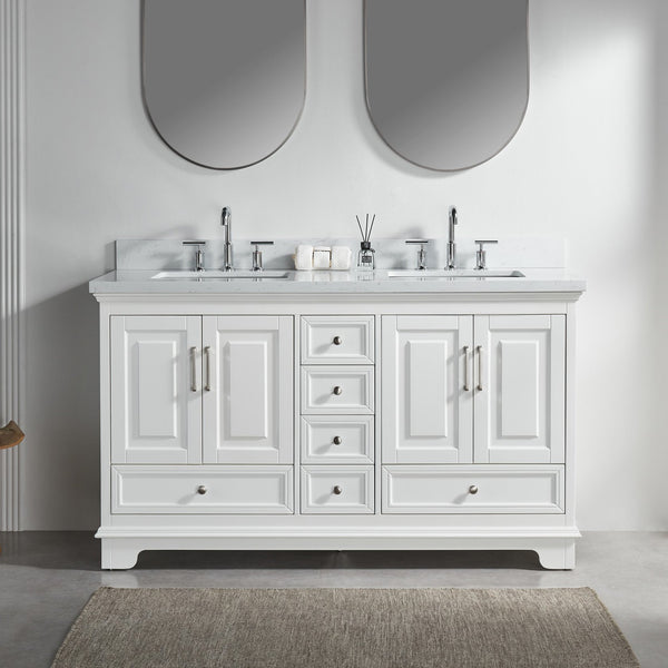 English Elm Fully 60'' Freestanding Double Bathroom Vanity with Solid Wood Base and Carrara Engineered Marble Top White W1826P382807