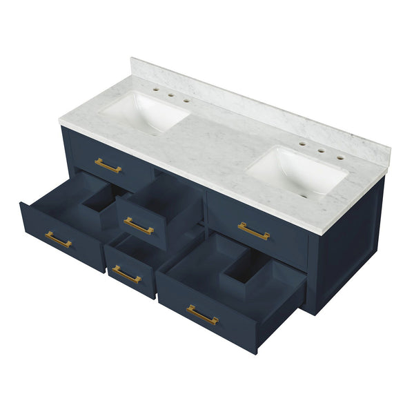 English Elm Blue Double Bath Vanity 60 in W x 22 in D with Carrara Marble Top, Solid Wood Frame, Soft-Close Drawers B2731P258042