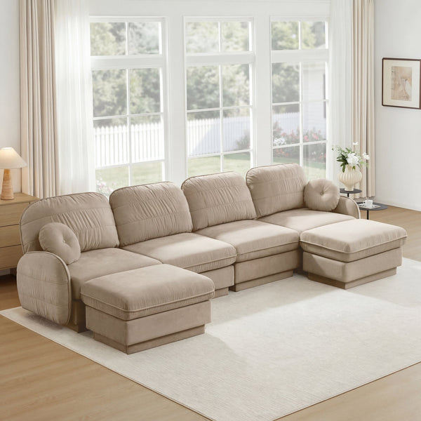 English Elm 137" Oversized U-shaped Chenille Sectional with Ottoman Quilted Cushions for Spacious Living Light Coffee W714S01764