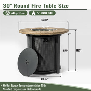 English Elm 30" 50000BTU Propane Fire Pit Table with Faux Wood Grain Top, Stainless Burner, Glass Rocks, Black W853P194144