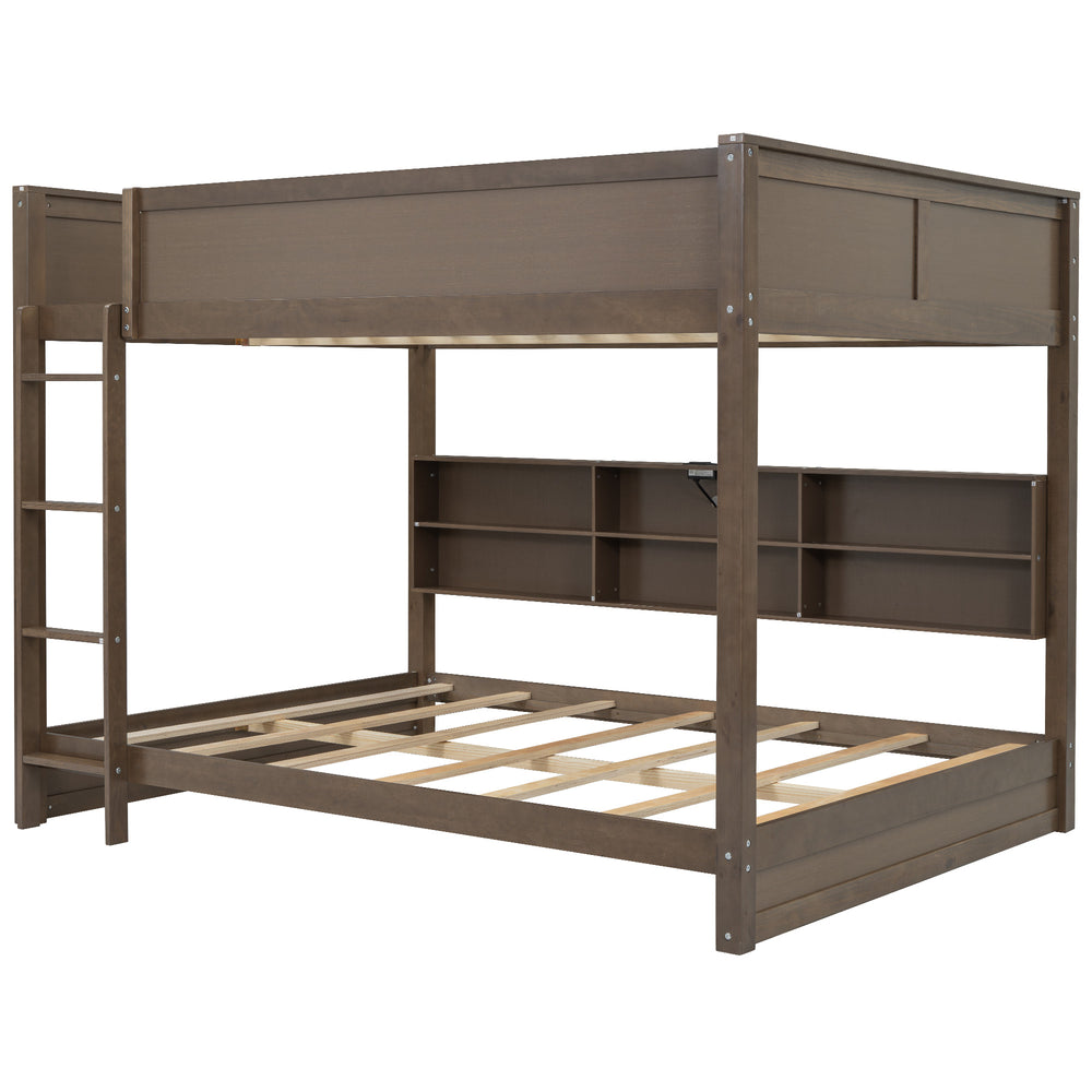 English Elm Queen Over Bunk Bed Antique Pine with Storage Cabinets and Built-in Usb Charging N709P197603D