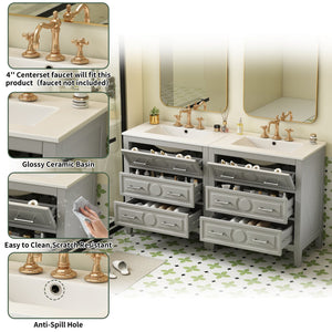 English Elm 60'' Freestanding Bathroom Vanity Set With Ceramic Sink, Gray Wood Frame & 3 Soft-Close Drawers N710SS00003E