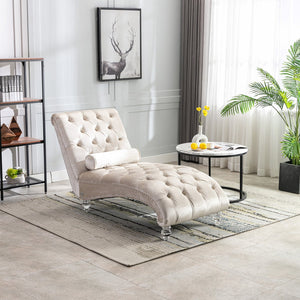 English Elm Velvet Curved Chaise Lounge Sofa with Button-Tufted Back, Thick Foam Cushion & Acrylic Legs for Living Room Comfort Beige W39538682