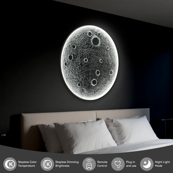 English Elm 40-Inch Resin Moon Wall Light with Remote Dimmable LEDs, 38W Main 15W Night, Meteorite Texture W2869P410964