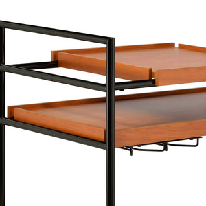 English Elm Oaken Honey Oak & Black Serving Cart with 3 Adjustable Trays, Wine Rack, Casters — Sturdy Storage B2726P286816