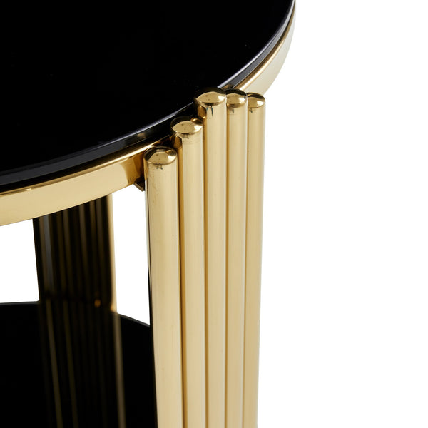 English Elm 16.9inch Round End Table Dual Tier Black Tempered Glass Gold Steel Frame Modern Accent W3357P395504