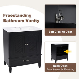 English Elm Christopher Knight Home® - 30" Bathroom Vanity with Sink Vintage Acacia Frame Ceramic Basin Soft-Close Doors & Storage Black N759P313313B