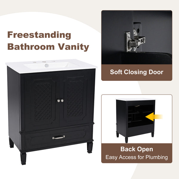 English Elm Christopher Knight Home® - 30" Bathroom Vanity with Sink Vintage Acacia Frame Ceramic Basin Soft-Close Doors & Storage Black N759P313313B