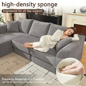 English Elm 102" Modular Cloud Sectional Corduroy Sofa with Reversible Chaise for Living Room Grey W5638S00004