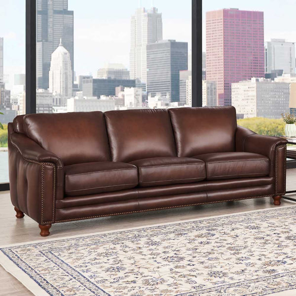 English Elm Belfast Curved Top Grain Leather Sofa with Tufted Sides, Nailhead Trim & Sloping Arms — Elegant Seating B2705P326228