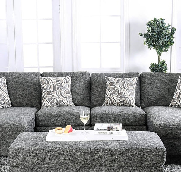 English Elm Gray Chenille 5pc Sectional Sofa Set with Chaise Ottoman & Patterned Pillows, Plush High-Density Comfort, Tapered Legs B2741S00063