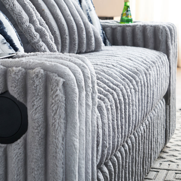 English Elm 61.42Inch Square Arm Loveseat With Ottoman Upholstered Velvet, Bluetooth Speaker, Wireless Charger, USB Ports, Cup Holder, Cozy Channeling Design LIGHT GREY W579S00020