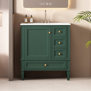 English Elm 30 30 Inch Bathroom Vanity with Ceramic Sink, Modern Compact 3-Drawer Storage Cabinet for Small Baths Green N710P247499F