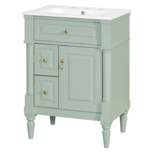 English Elm 24 Inch Freestanding Vanity with Ceramic Sink Rubberwood Frame Matte Finish Storage Green N725P356058F