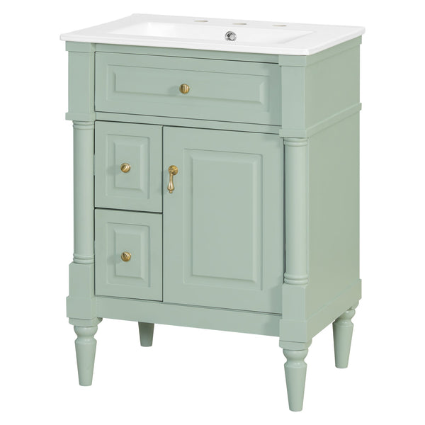 English Elm 24 Inch Freestanding Vanity with Ceramic Sink Rubberwood Frame Matte Finish Storage Green N725P356058F