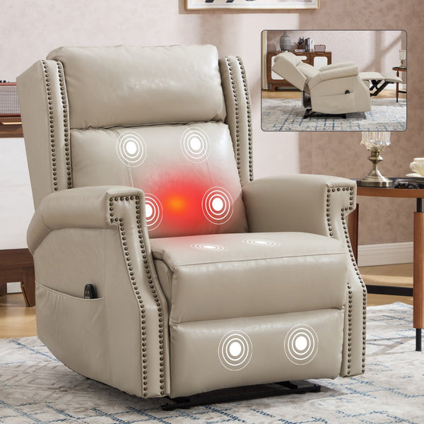 English Elm Emon's Overstuffed Chenille Power Lift Recliner with Massage Heat and Charging Ports Beige W1803S00086