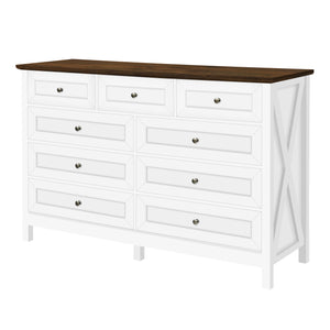 English Elm Wood Rustic Storage Dresser with 9 Drawers, Silver Handles and X Side Accents for Stylish Storage White N709P288888K