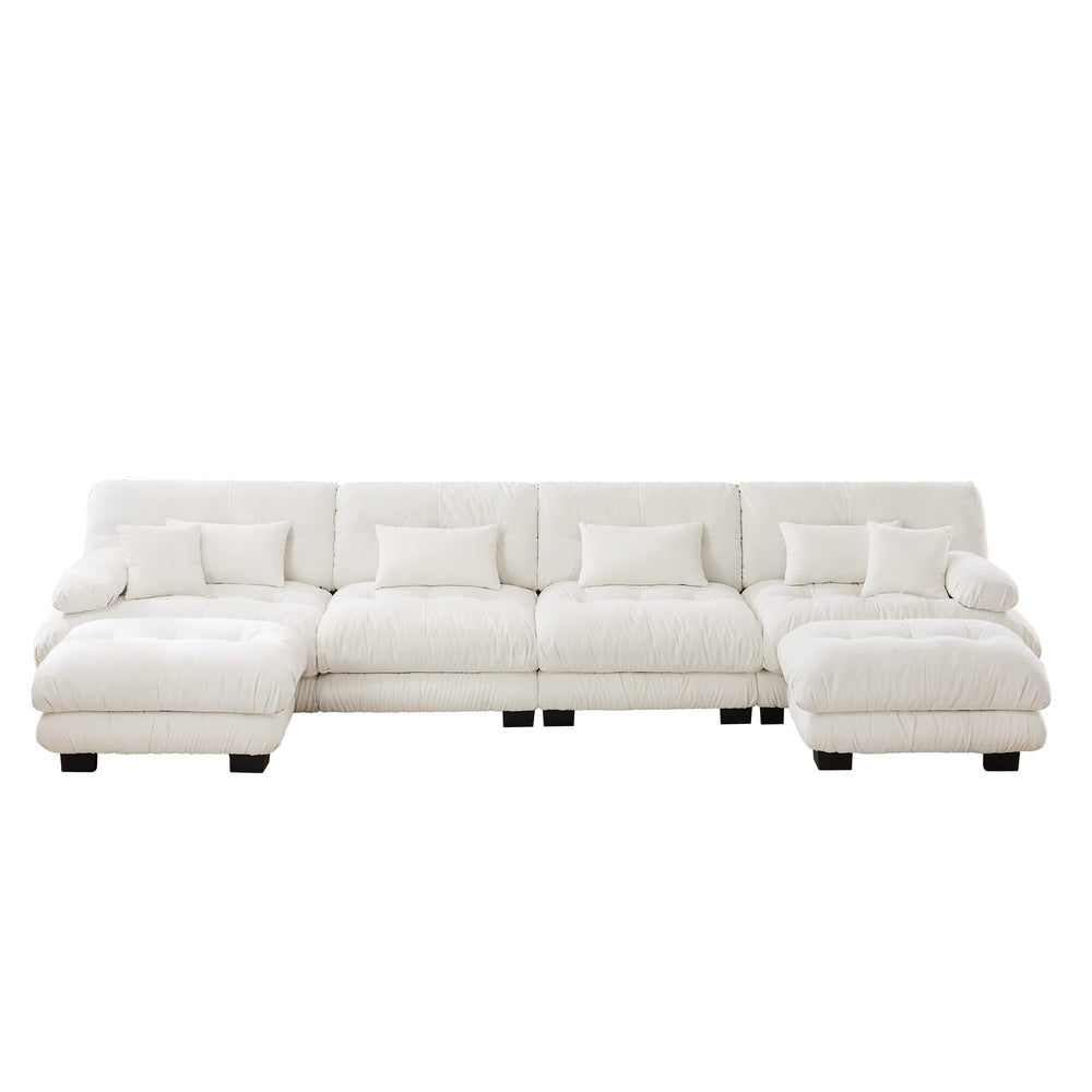 English Elm Free Modular Sectional Sofa – U-Shaped 4-Seater Cloud Couch With 2 Ottomans In Soft Chenille White W714S01006