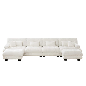 English Elm Free Modular Sectional Sofa – U-Shaped 4-Seater Cloud Couch With 2 Ottomans In Soft Chenille White W714S01006