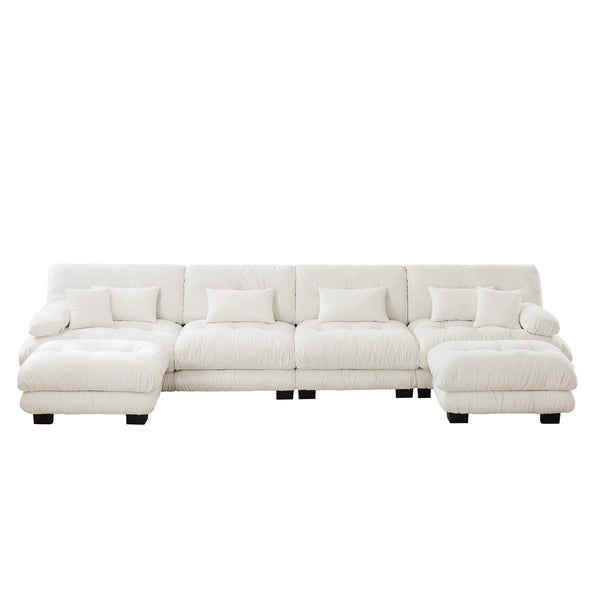 English Elm Free Modular Sectional Sofa – U-Shaped 4-Seater Cloud Couch With 2 Ottomans In Soft Chenille White W714S01006