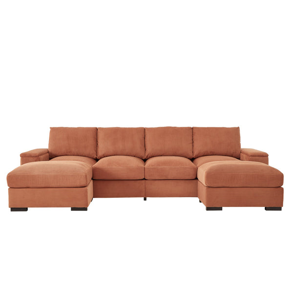 English Elm 122"l Corduroy Sectional with Dual Ottomans Modular U-shape Sofa for Modern Living Orange W1669S00022