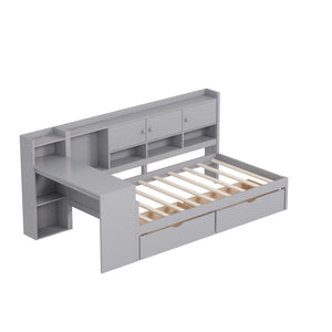 English Elm Twin L-Shape Daybed with Storage, 3 Cabinets & 2 Drawers, Built-In Desk Bookshelf, Gray Twin N733S247070E