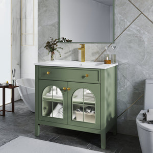 English Elm 35.6" Freestanding Bathroom Vanity with Roman Column Base and Ceramic Integrated Sink Green W1801S00014