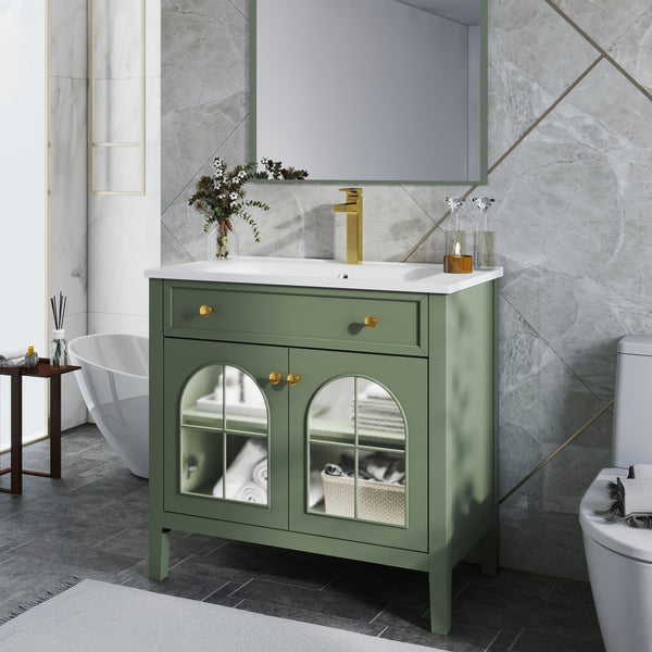 English Elm 35.6" Freestanding Bathroom Vanity with Roman Column Base and Ceramic Integrated Sink Green W1801S00014