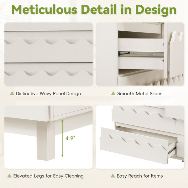 English Elm 60" Wave Front Six Drawer Dresser Sculptural Engineered Wood Media Console for Bedroom Ivory N739S0000011W