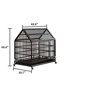 English Elm 48 Inch Pointed Roof Metal Dog Crate Folding Steel Kennel with Wheels and Slide Trays W347P431440