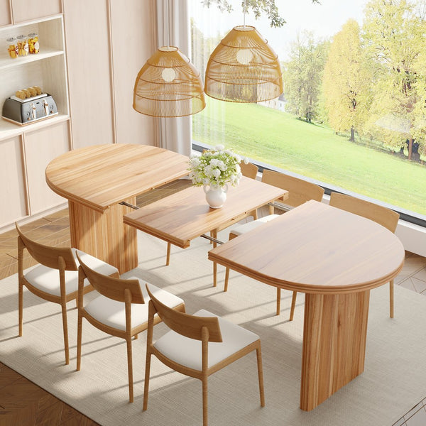 English Elm 55.11"-70.86" Extendable Dining Table with Sculpted Striped Legs Seats Six in Modern Style Natural Walnut W757P411752