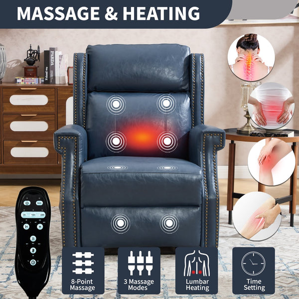 English Elm Emon's Overstuffed Chenille Power Lift Recliner with Massage Heat and Charging Ports Blue W1803S00087
