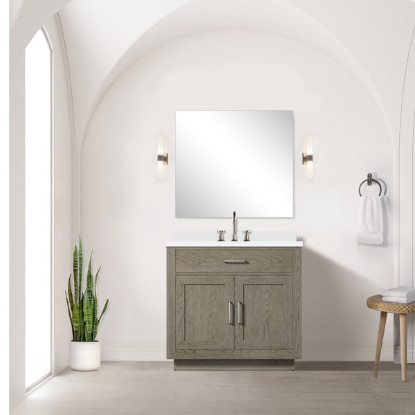 English Elm Grey Oak Single Bath Vanity Set With White Quartz Countertop, 34" Mirror & Chrome Faucet, Assembled B2731S01956