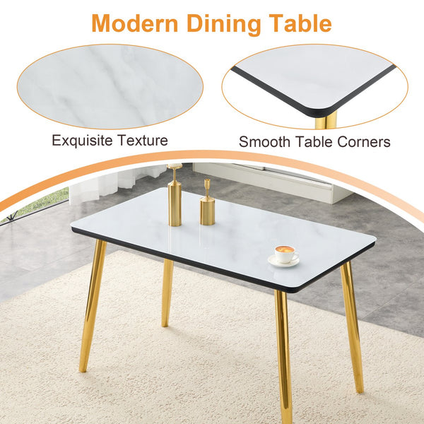 English Elm Table and Chair Set Marble Glass Top Gold Legs Black Pu Seats Modern Dining W1151S04650