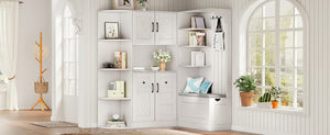English Elm Multifunctional Modular Hall Tree Cabinet with Open Shelves and Hooks for Entryway White W1580S00519