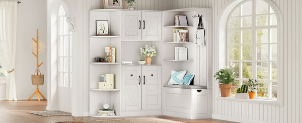 English Elm Multifunctional Modular Hall Tree Cabinet with Open Shelves and Hooks for Entryway White W1580S00519