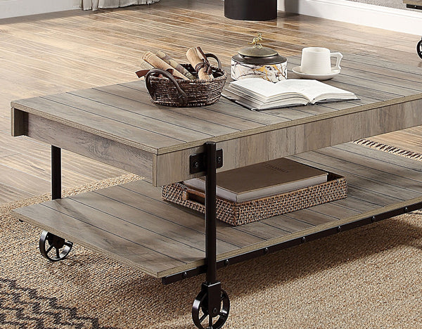 English Elm Industrial 3pc Coffee Table Set with Replicated Wood Tops and Sand Black U-Shape Steel Base, Rustic Appeal Black,Natural 50 L x 27 W x 4 H B2741P360162