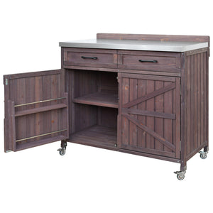 English Elm K&k Outdoor Prep Station Stainless Steel Top Fir Wood Cabinet with Drawer and Wheels Dark Brown N707P370273Z