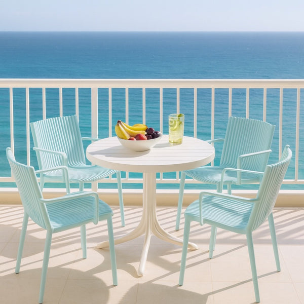 English Elm Summer 5 Piece Stackable Polypropylene Outdoor Dining Set with Round Table for Patios Light Blue,White W3450S00022