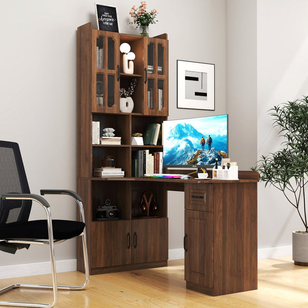 English Elm L-Shaped Corner Computer Desk with Hutch & Drawers, Space-Saving 2-in-1 Design and Ample Storage Walnut W331S00187