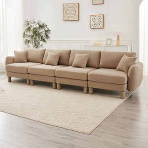 English Elm Boucle 4-Seater Sofa With Shell Armrests & Cylindrical Legs, Coffee Color - Plush Comfort & Style W3041S00287