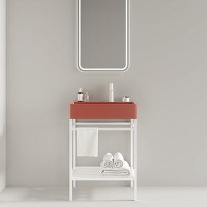 English Elm LOFI Ceramic Integrated Bathroom Vanity 24" with Rectangular Basin, Open Metal Shelf, Easy Clean White+Red W2615S00053