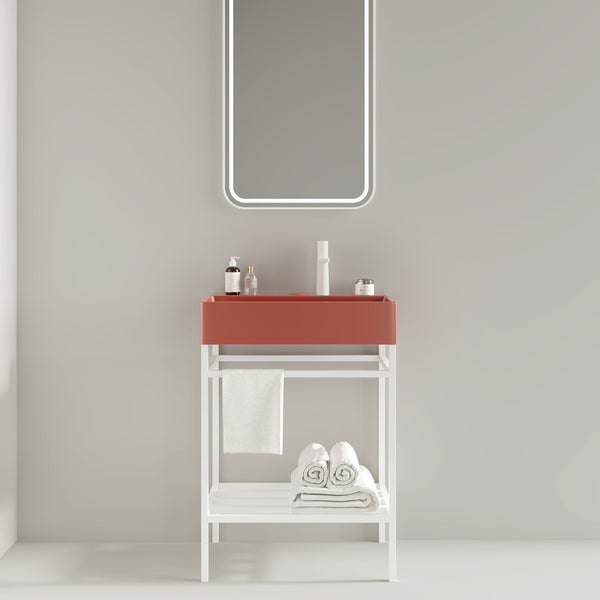 English Elm LOFI Ceramic Integrated Bathroom Vanity 24" with Rectangular Basin, Open Metal Shelf, Easy Clean White+Red W2615S00053