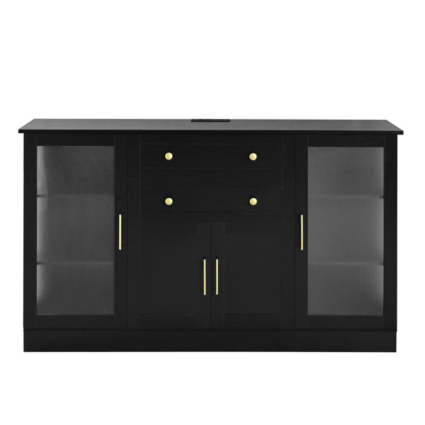 English Elm U-style Modern Buffet Sideboard with Acrylic Doors Power Outlet and Adjustable Storage Black N711P437648B