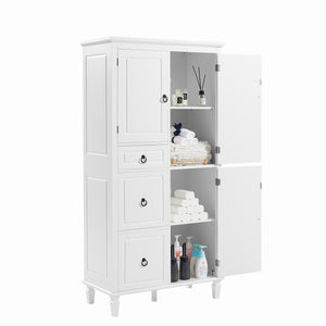 English Elm Retro Multi-Functional Storage Cabinet with Adjustable Shelves, 3 Drawers & Doors, Stylish White Organizer for Living Room Bathroom Kitchen Office - Elegant, Space-Saving Design N725P236498K