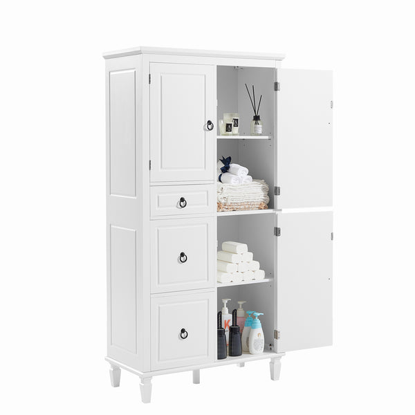 English Elm Retro Multi-Functional Storage Cabinet with Adjustable Shelves, 3 Drawers & Doors, Stylish White Organizer for Living Room Bathroom Kitchen Office - Elegant, Space-Saving Design N725P236498K
