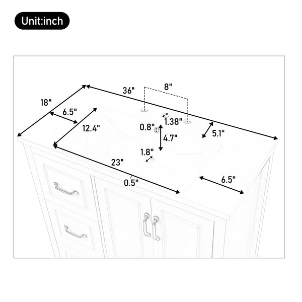 English Elm Christopher Knight Home® - 36" Freestanding Bathroom Vanity with Resin Sink, Soft-Close Doors & Drawers, Gold Alloy Handles, Spacious Storage and Easy Plumbing Access White N759P292552K